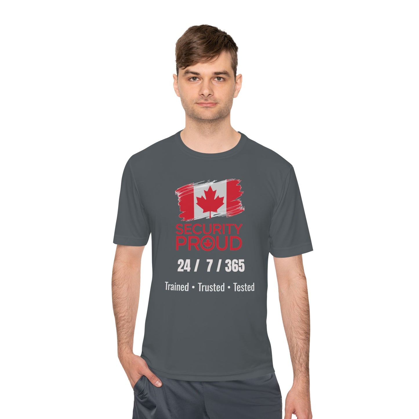 Security Proud Moisture-Wicking Tee | Black Unisex Fit | 24/7/365 | Trained • Trusted • Tested | Canada Edition
