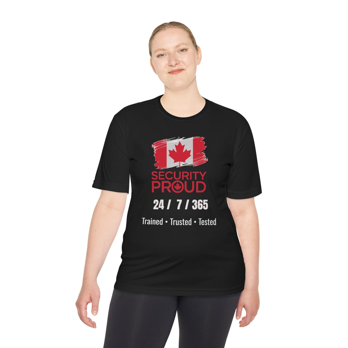 Security Proud Moisture-Wicking Tee | Black Unisex Fit | 24/7/365 | Trained • Trusted • Tested | Canada Edition