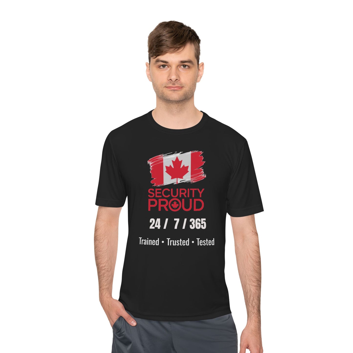 Security Proud Moisture-Wicking Tee | Black Unisex Fit | 24/7/365 | Trained • Trusted • Tested | Canada Edition